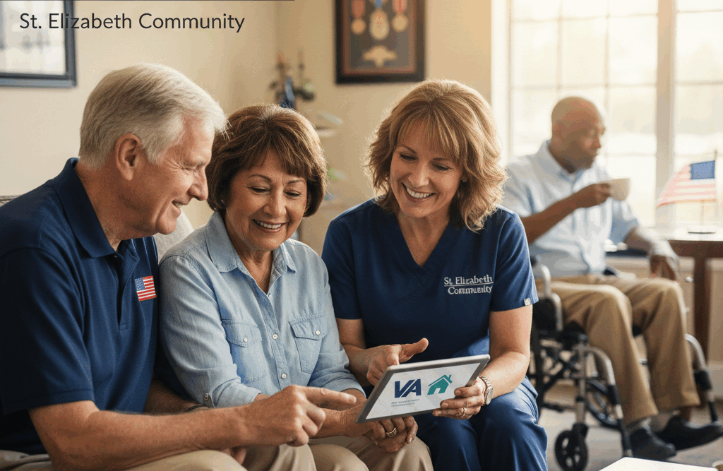 St. Elizabeth Community caregiver showing a veteran and spouse information about VA benefits, including the Aid and Attendance allowance, for assisted living and home care.