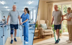 Comparison of inpatient rehabilitation vs home-based recovery for a senior after surgery.