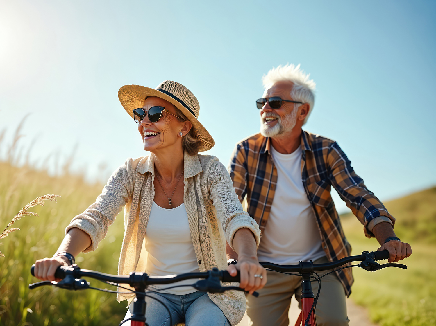 Happy senior couple ride bikes outdoors Man and woman enjoy sunny day on bikes Elderly people smile wearing sunglasses Happy active mature lifestyle Retirement vacation in nature