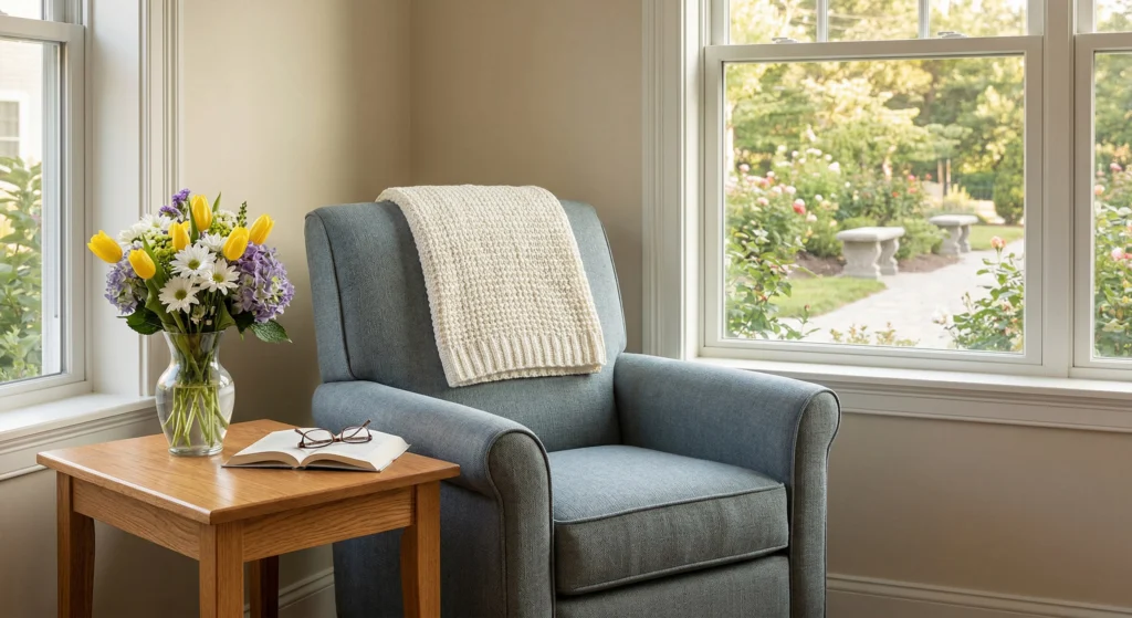 Comfortable emergency housing room for seniors at The Haven in Rhode Island.