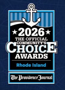 Award badge for 2026 The Official Community's Choice Awards Rhode Island, featuring an anchor and Providence Journal branding at the bottom.