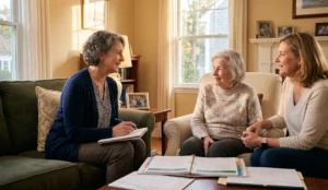 Three women sit in a sunlit living room, smiling and talking, with a notebook and calendar on the coffee table in front of them.