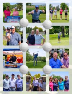 Group of golfers posing with prizes at a sunny golf tournament on the green fairways