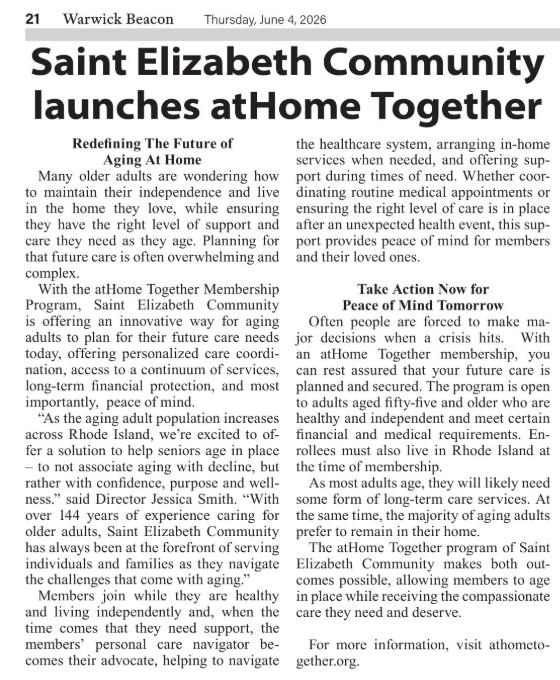 Newspaper article about Saint Elizabeth Community's atHome Together program for aging in place, outlining services, support, and enrollment.