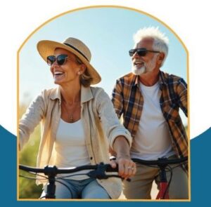 Happy senior couple riding bicycles outdoors on a sunny day; woman wears a straw hat and beige cardigan, man wears a plaid shirt.