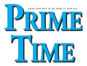 Prime Time logo in blue serif letters, two-line design with the tagline "Living your best in the prime of your life".