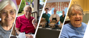 SEAl EG collage - Saint Elizabeth Community Collage of smiling elderly people at a community event: an older woman on the left, a man holding an egg in the second panel, staff cooking at a grill in the center, and a centenarian woman on the right wearing a birthday crown.