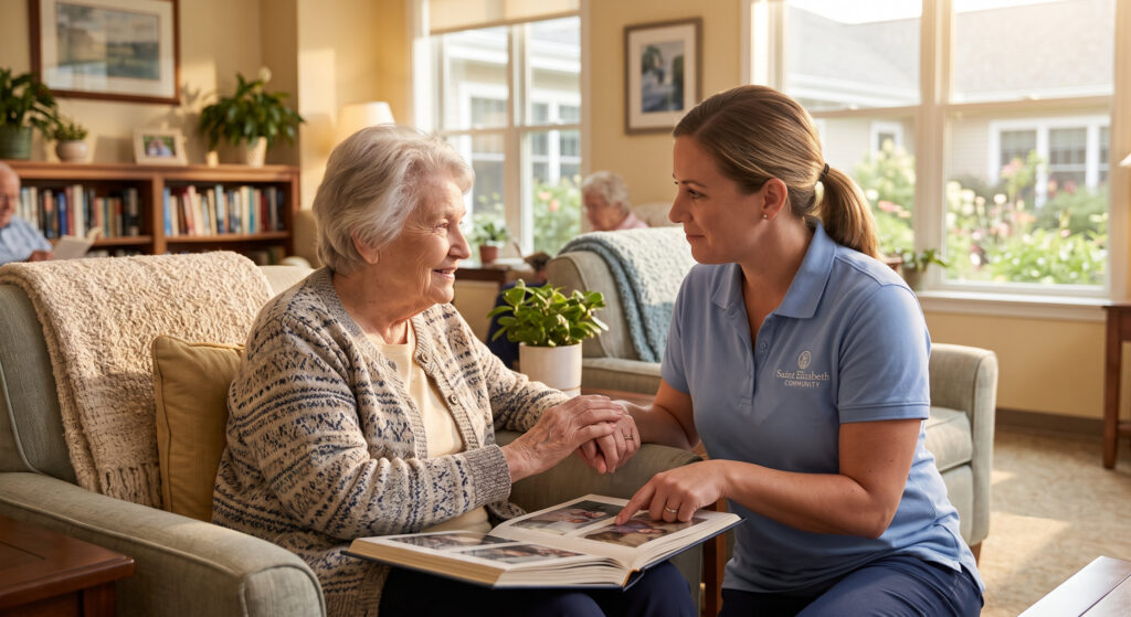 Caregiver in a blue uniform sits with an elderly woman, holding hands and looking at a photo album in a bright living room.