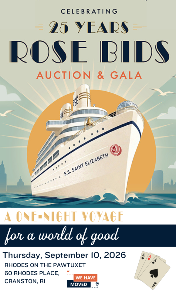 Poster for Rose Bids 25th anniversary Auction & Gala, featuring a cruise ship at sea with a sunburst background and venue/date details.