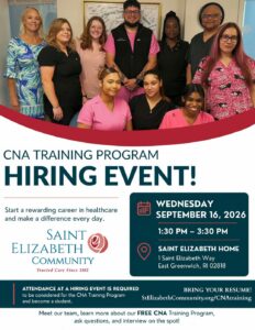 Group of nine people, some in scrubs, posing for a CNA training program hiring event poster photo.