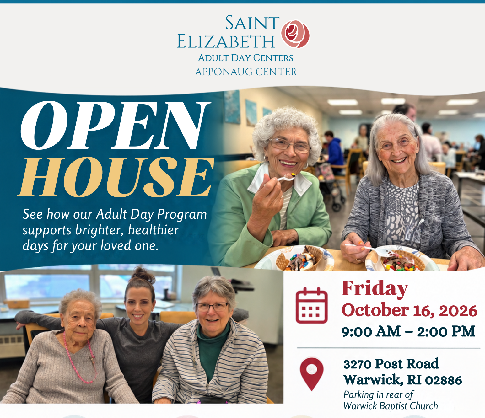 Open House banner for Saint Elizabeth Adult Day Center featuring two seniors enjoying desserts at a community lunch.
