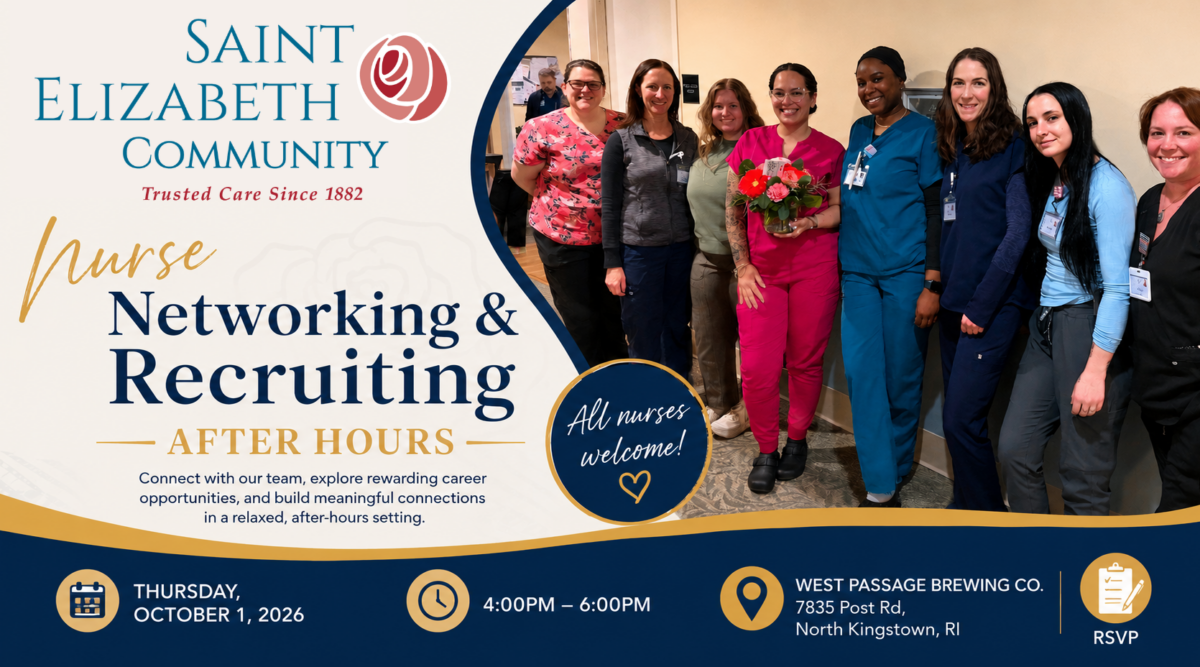 Event poster for Saint Elizabeth Community Nurse Networking & Recruiting After Hours, showing a group of nurses and the logo/branding.