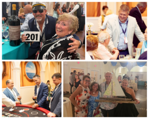 Rose Bids 3 - Saint Elizabeth Community Collage from a festive event showing guests chatting, posing for photos, and enjoying drinks around a casino-style table.